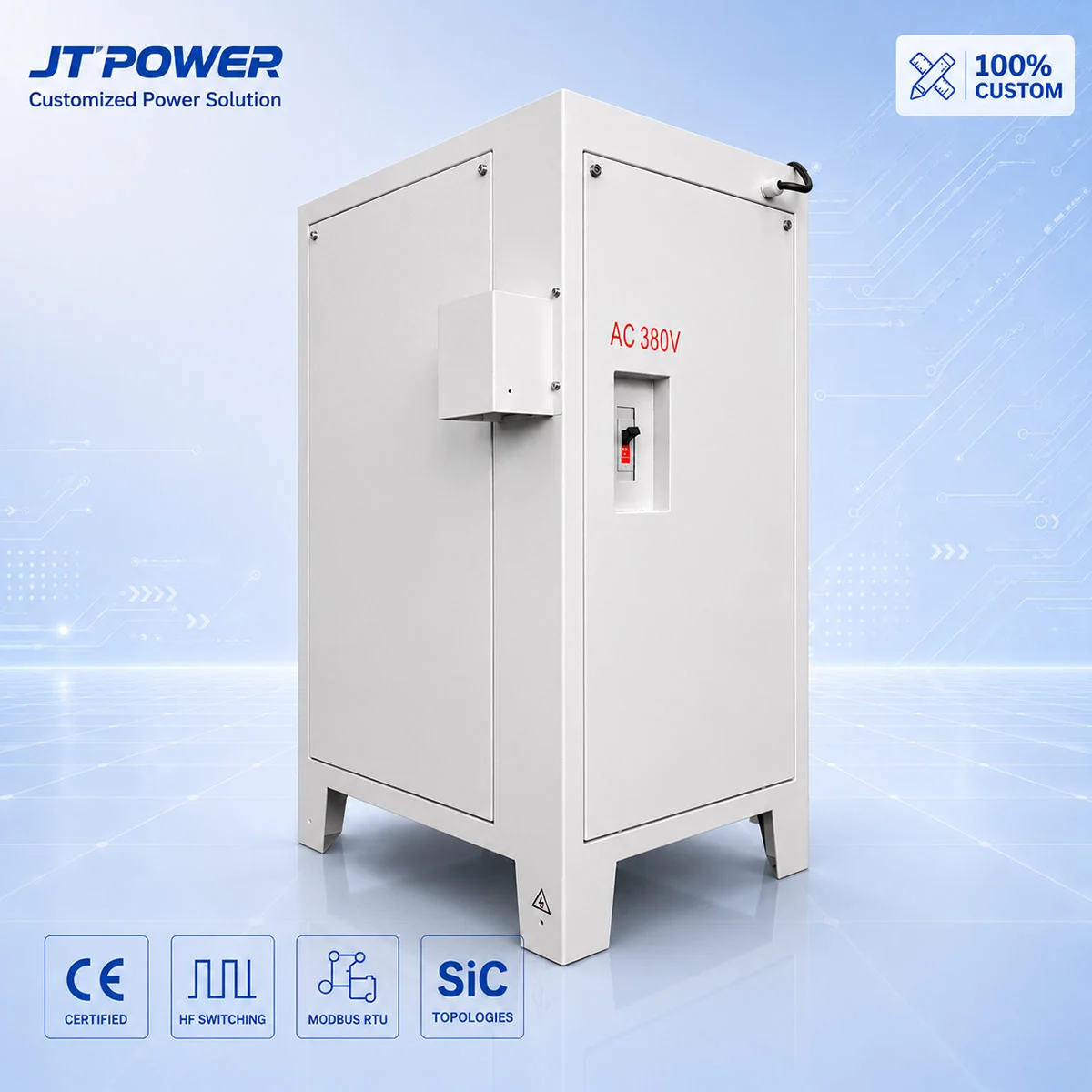 JT-POWER 24V 6000A high-frequency pulse anodizing power supply system with vertical space-saving cabinet, AC 380V input breaker, and water-cooling interface for industrial aluminum finishing lines.