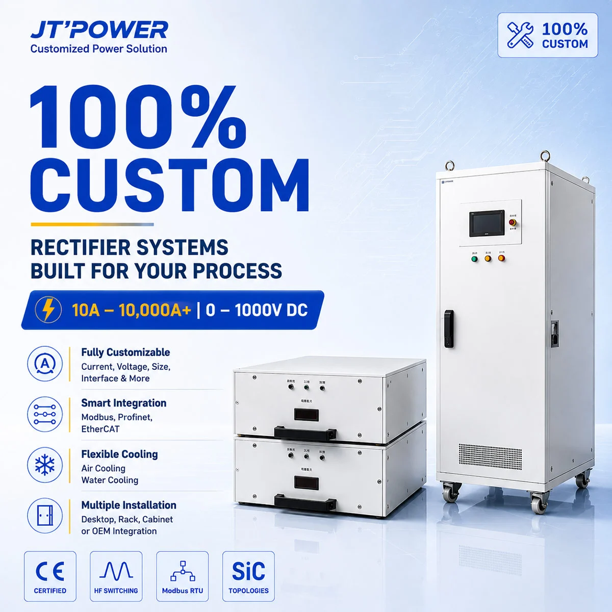 JT-POWER 100% custom DC rectifier systems for anodizing and electrophoresis, featuring SiC topologies, Modbus RTU, and flexible cooling options for 10A to 10000A industrial processes.