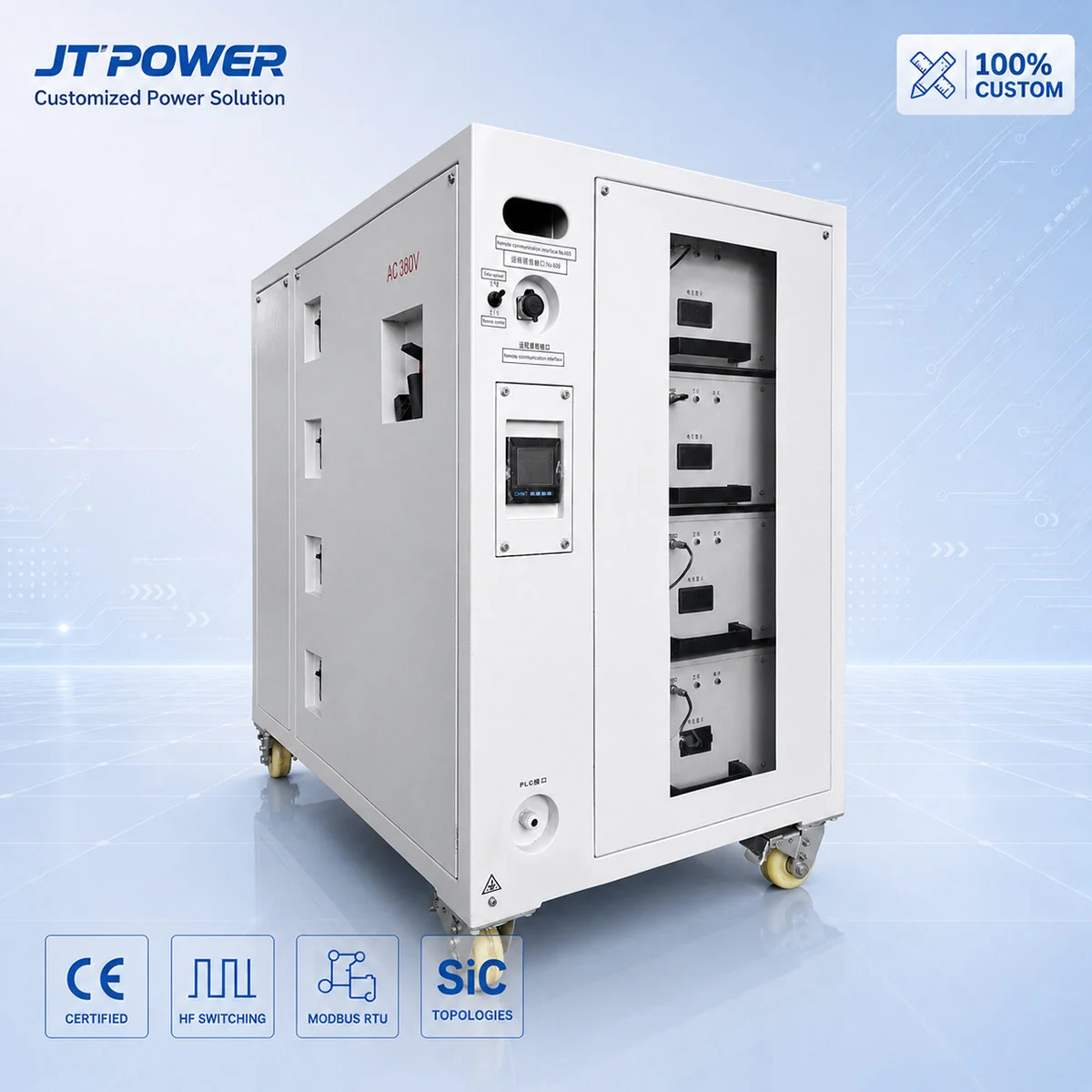 JT-POWER 18V 10000A custom heavy-duty hardcoat anodizing DC rectifier system with modular cabinet design, PLC interface, and SiC power topologies for aluminum surface treatment lines.