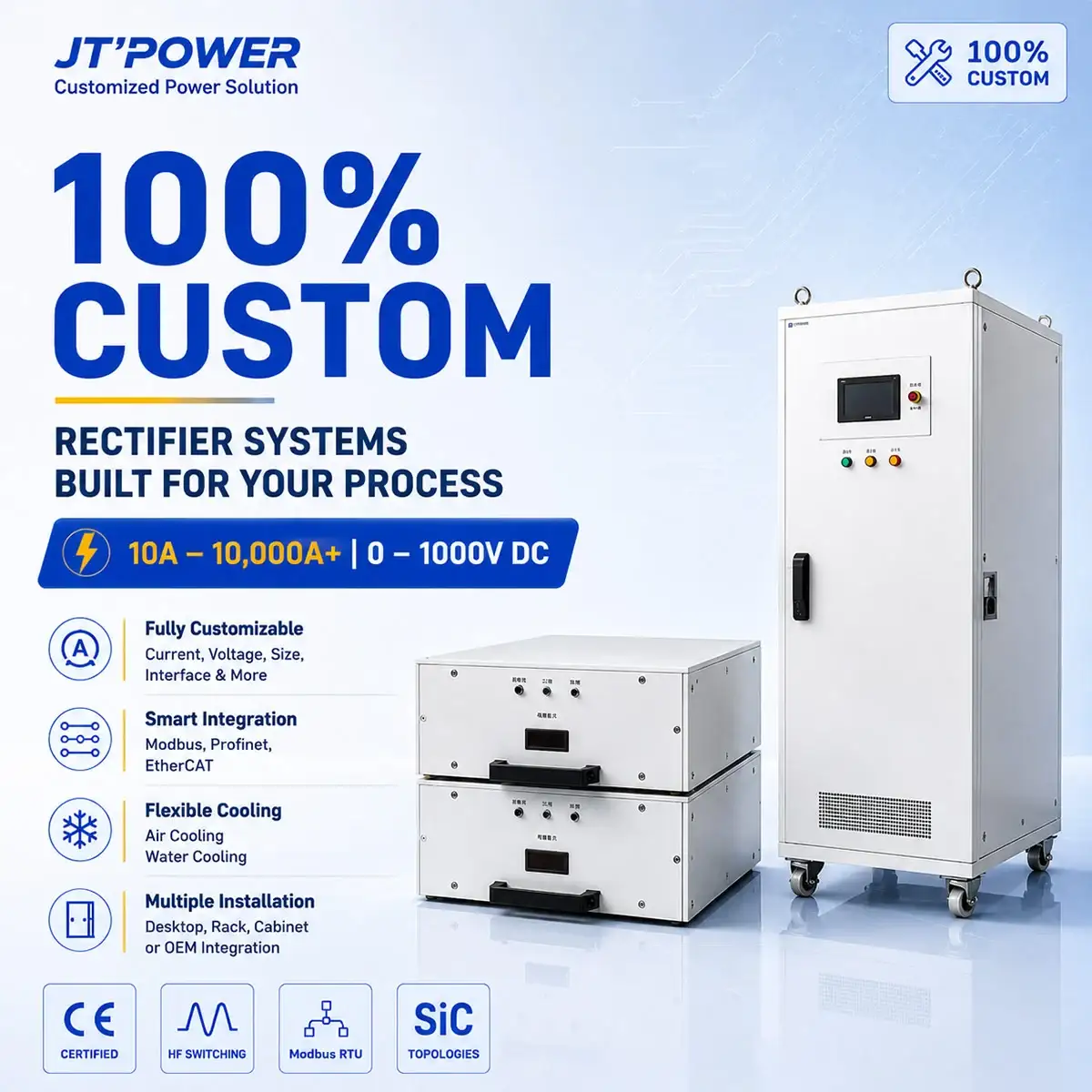 JT-POWER heavy-duty custom industrial rectifier system for hard chrome plating, delivering scalable 10A to 10000A+ current and up to 1000V DC with advanced Silicon Carbide (SiC) topologies and CE certification
