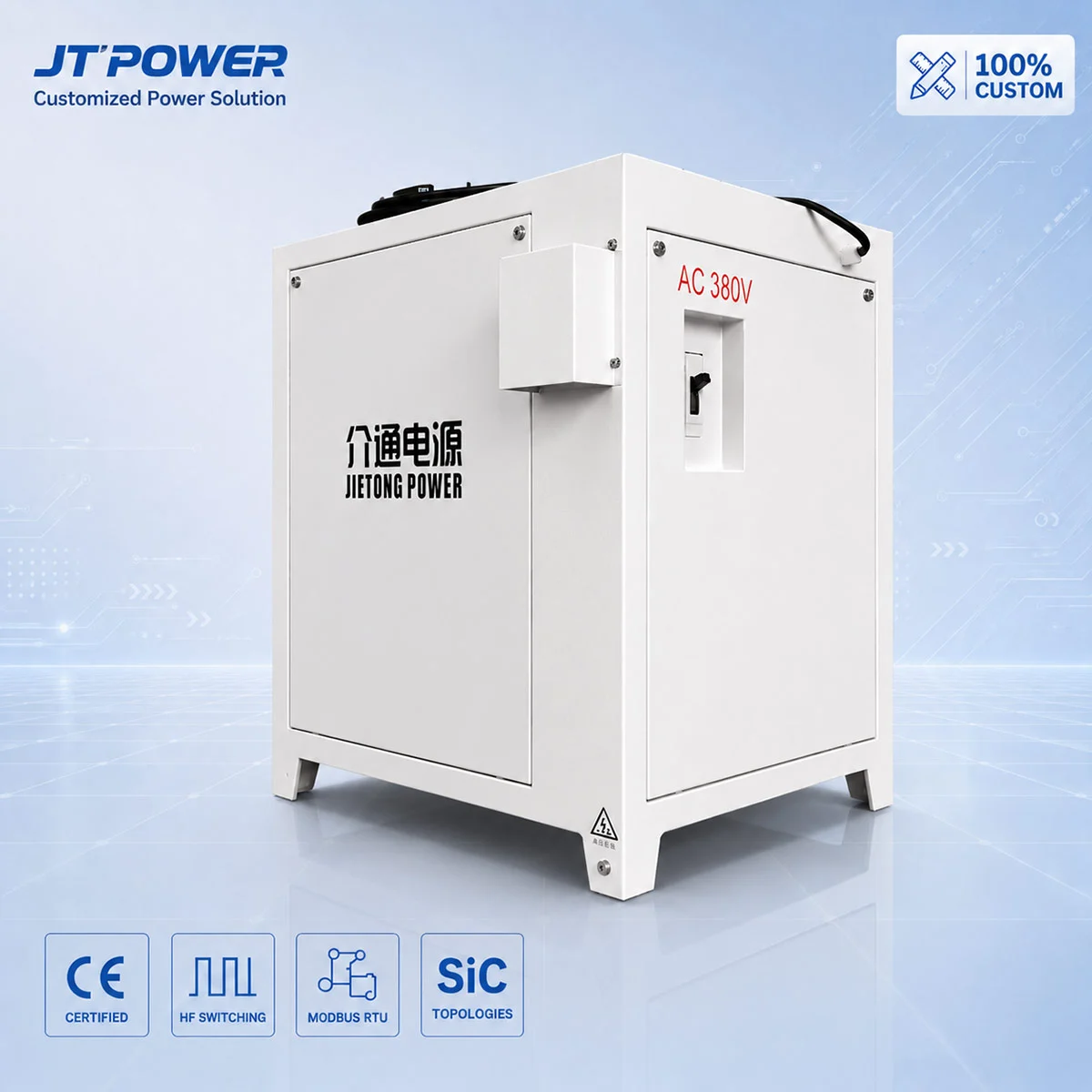 JT-POWER 12V 5000A industrial trivalent chrome plating DC rectifier with enclosed vertical cabinet, front AC 380V circuit breaker, and low-ripple SiC power topologies for automotive parts finish.
